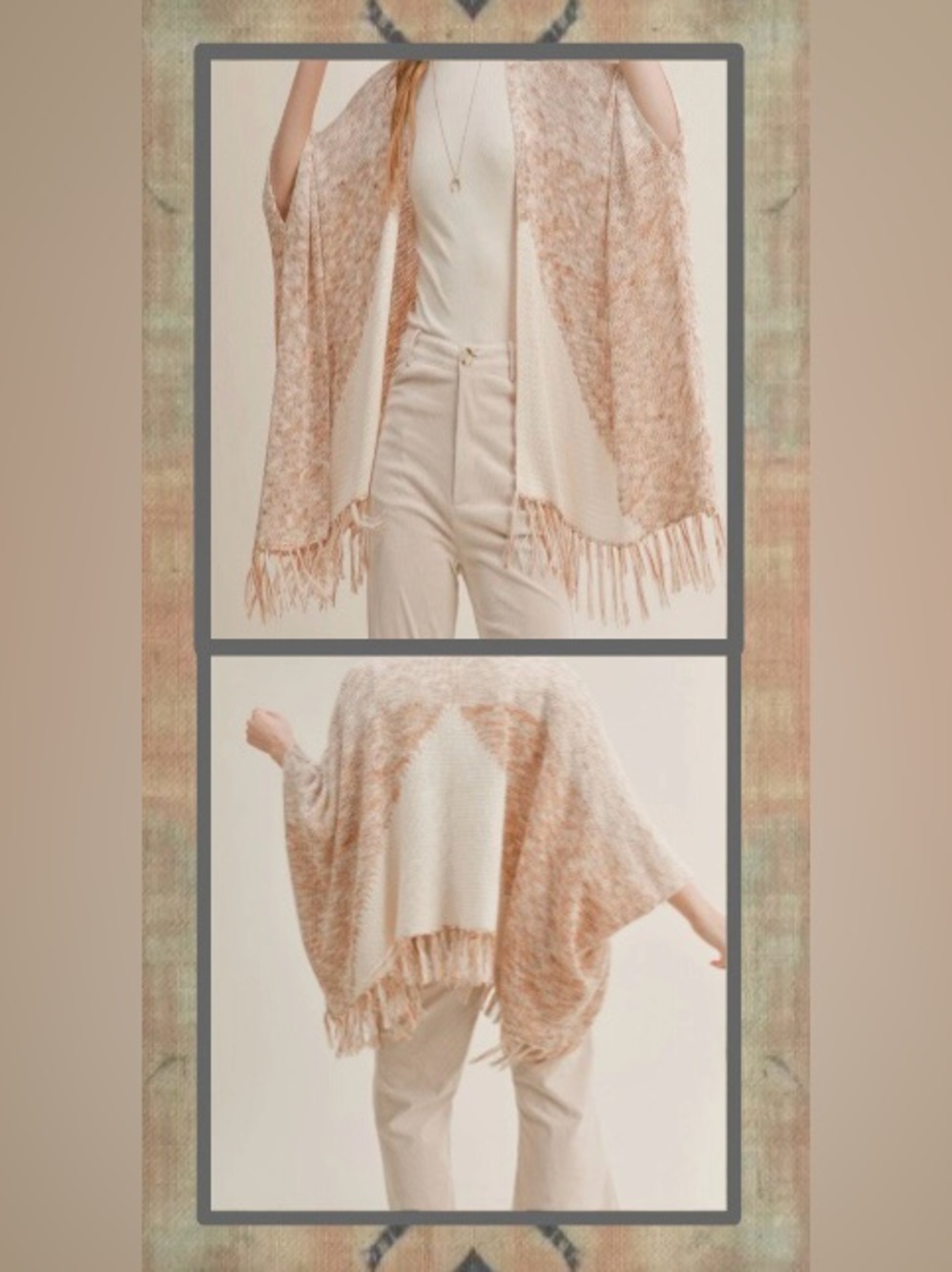 Sadie & Sage, Soft & Fringy Boho Cardi- Shawl/Cream & Blush Tan: Size S